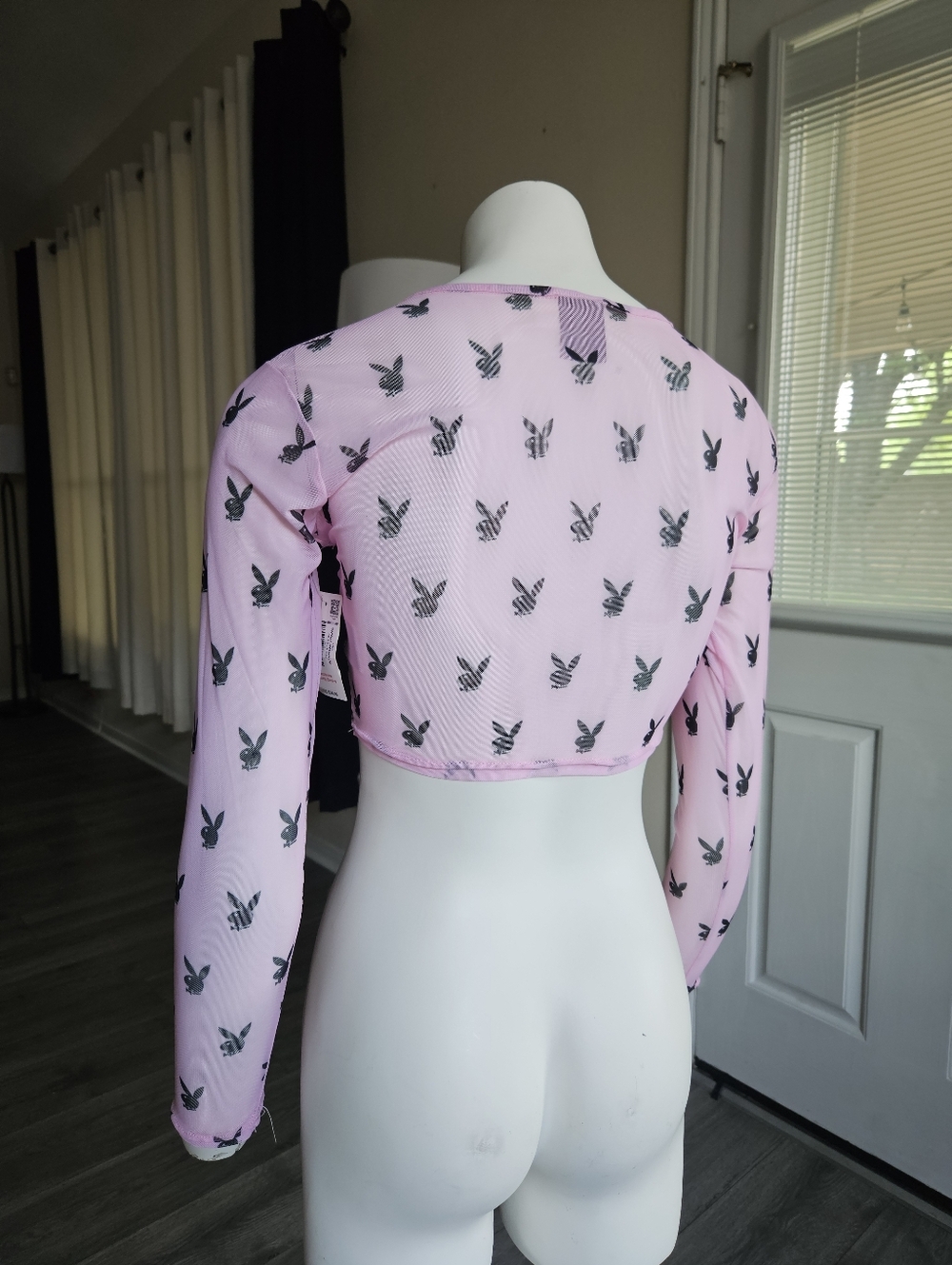 Playboy Pink Mesh Long Sleeve Crop Top Bunny Logo Size S/M, NWT - Picture 6 of 10